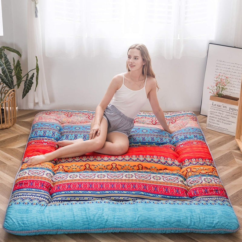 MAXYOYO Bohemian Retro Floor Mattress Vintage Floral Japanese Futon Mattress Roll Up Tatami Floor Mat Foldable Bed Portable Camping Mattress Sleeping Pad Floor Lounger Couch Bed Queen Size - Image 1